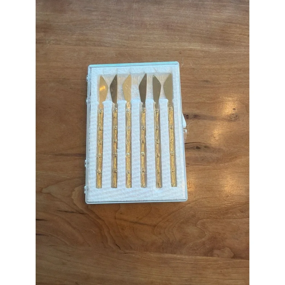 Vintage MCM Gold Plated Bamboo‎ Handle Appetizer Cocktail Spreaders Set of 6